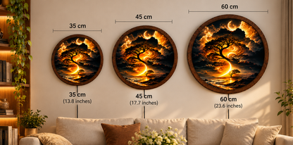 Golden Moon Tree LED Wall Art, Mystical Tree of Life Round Wall Light, Fantasy Celestial Landscape Decor, Illuminated Bedroom Wall Art