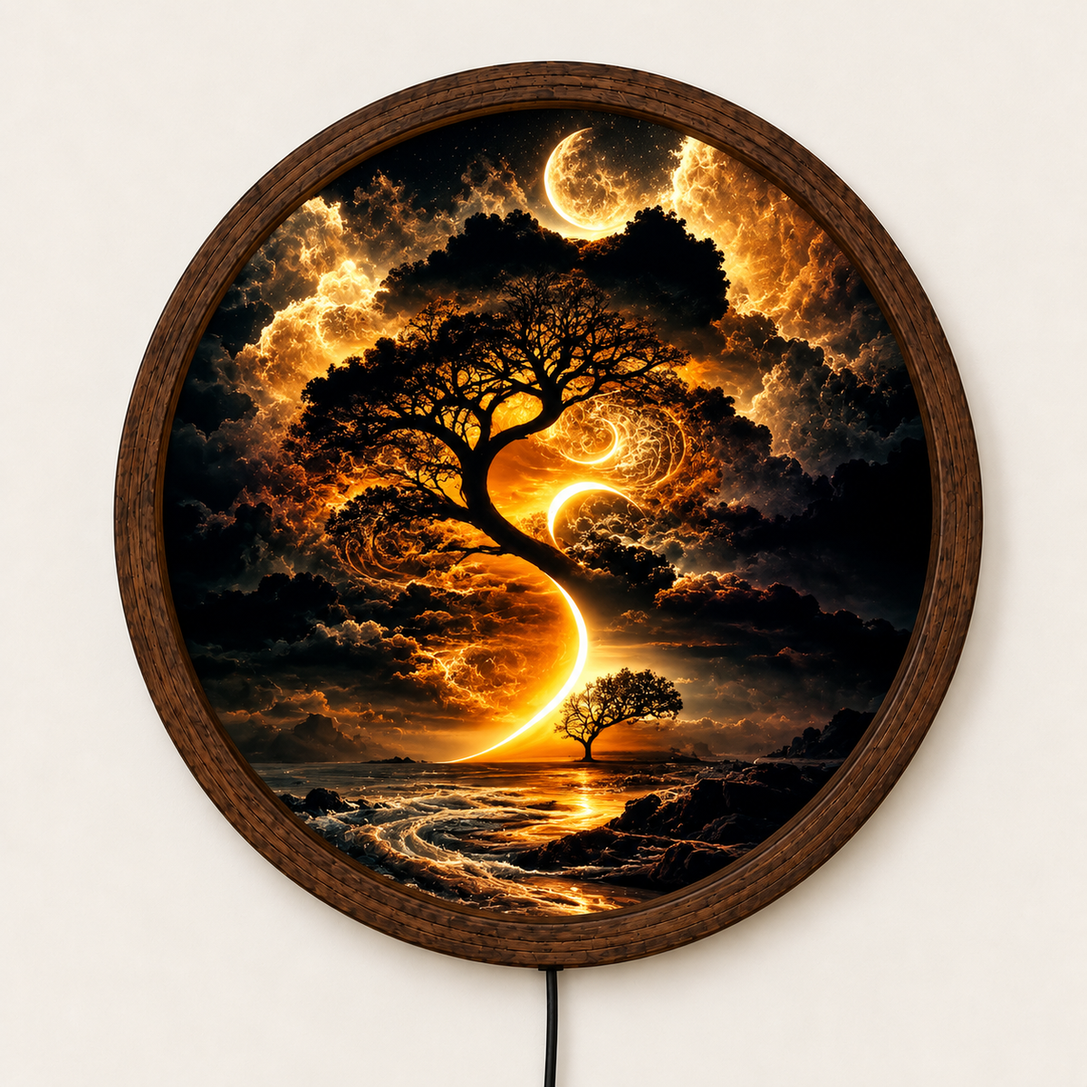 Golden Moon Tree LED Wall Art, Mystical Tree of Life Round Wall Light, Fantasy Celestial Landscape Decor, Illuminated Bedroom Wall Art