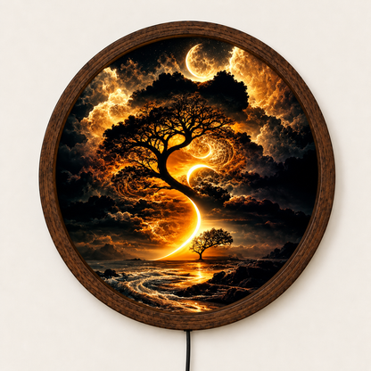 Golden Moon Tree LED Wall Art, Mystical Tree of Life Round Wall Light, Fantasy Celestial Landscape Decor, Illuminated Bedroom Wall Art