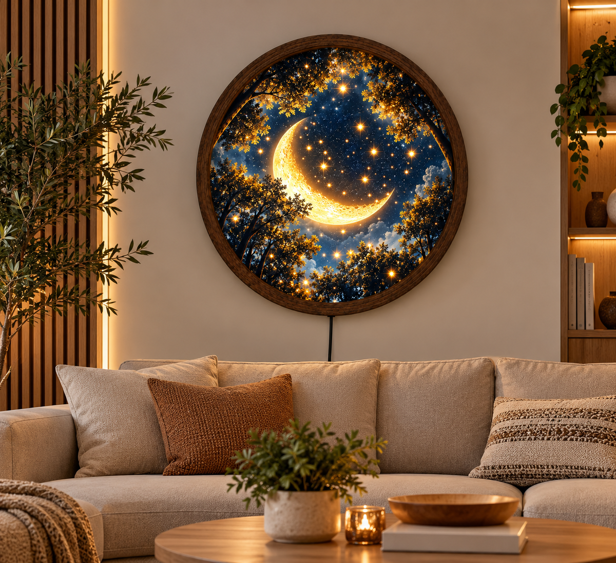 Crescent Moon LED Wall Art, Enchanted Forest Starry Night Light, Celestial Round Wall Decor, Glowing Moon Bedroom Art, Moon Lover Gift