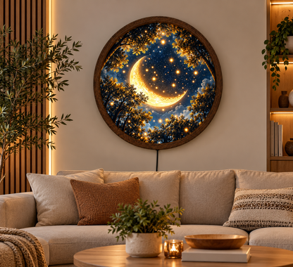 Crescent Moon LED Wall Art, Enchanted Forest Starry Night Light, Celestial Round Wall Decor, Glowing Moon Bedroom Art, Moon Lover Gift