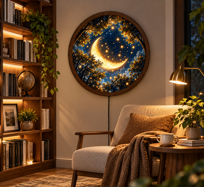 Crescent Moon LED Wall Art, Enchanted Forest Starry Night Light, Celestial Round Wall Decor, Glowing Moon Bedroom Art, Moon Lover Gift