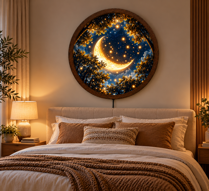 Crescent Moon LED Wall Art, Enchanted Forest Starry Night Light, Celestial Round Wall Decor, Glowing Moon Bedroom Art, Moon Lover Gift