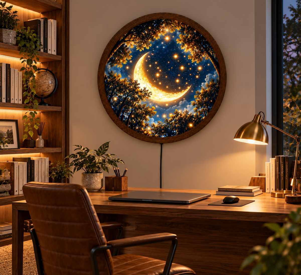Crescent Moon LED Wall Art, Enchanted Forest Starry Night Light, Celestial Round Wall Decor, Glowing Moon Bedroom Art, Moon Lover Gift