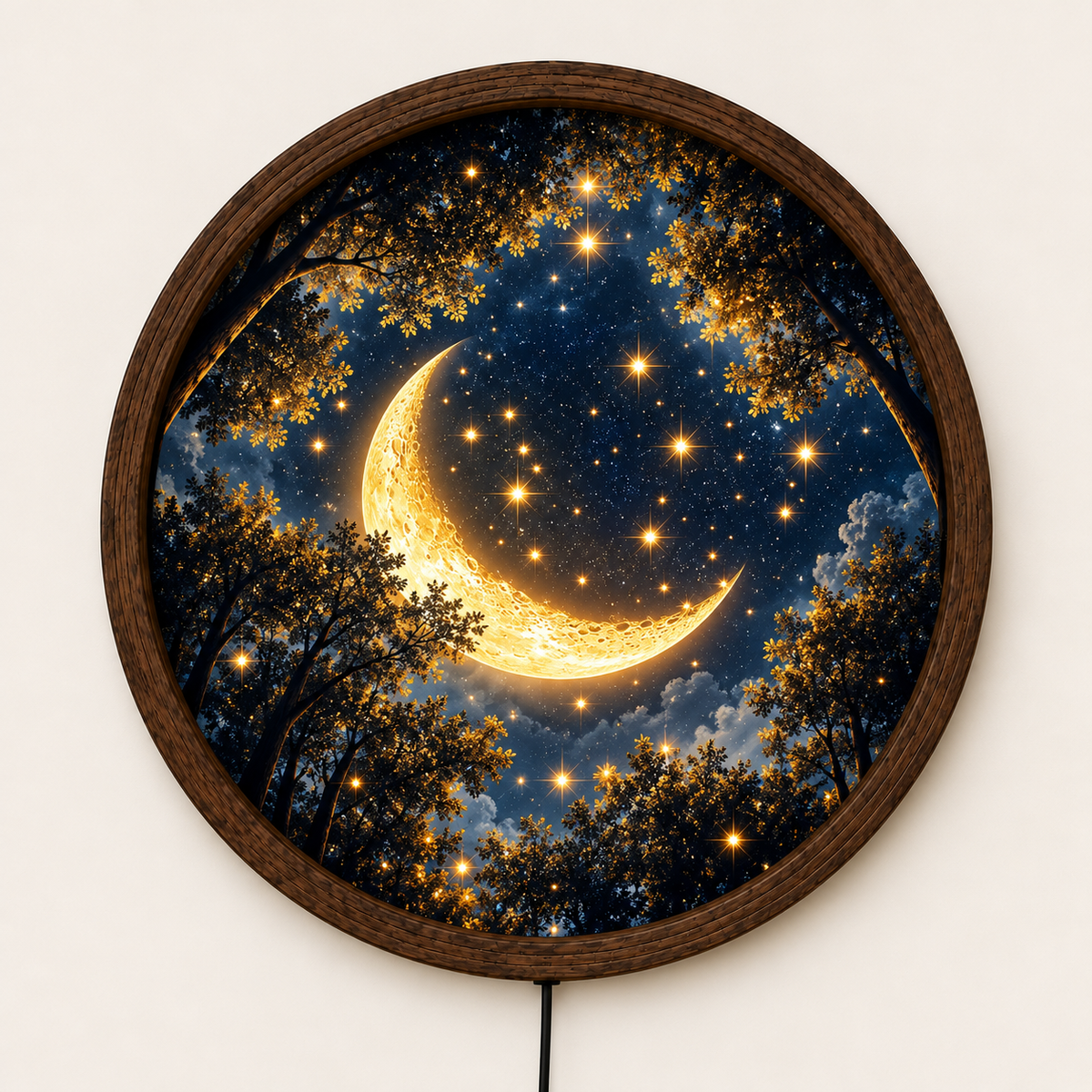 Crescent Moon LED Wall Art, Enchanted Forest Starry Night Light, Celestial Round Wall Decor, Glowing Moon Bedroom Art, Moon Lover Gift