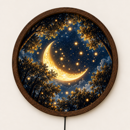 Crescent Moon LED Wall Art, Enchanted Forest Starry Night Light, Celestial Round Wall Decor, Glowing Moon Bedroom Art, Moon Lover Gift