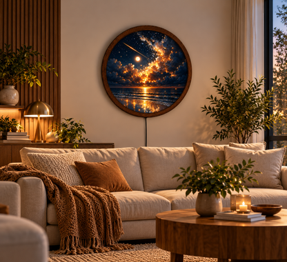 Celestial Ocean LED Wall Art, Starry Night Seascape Round Wall Light, Glowing Moon Coastal Decor, Galaxy Sky Bedroom Gift