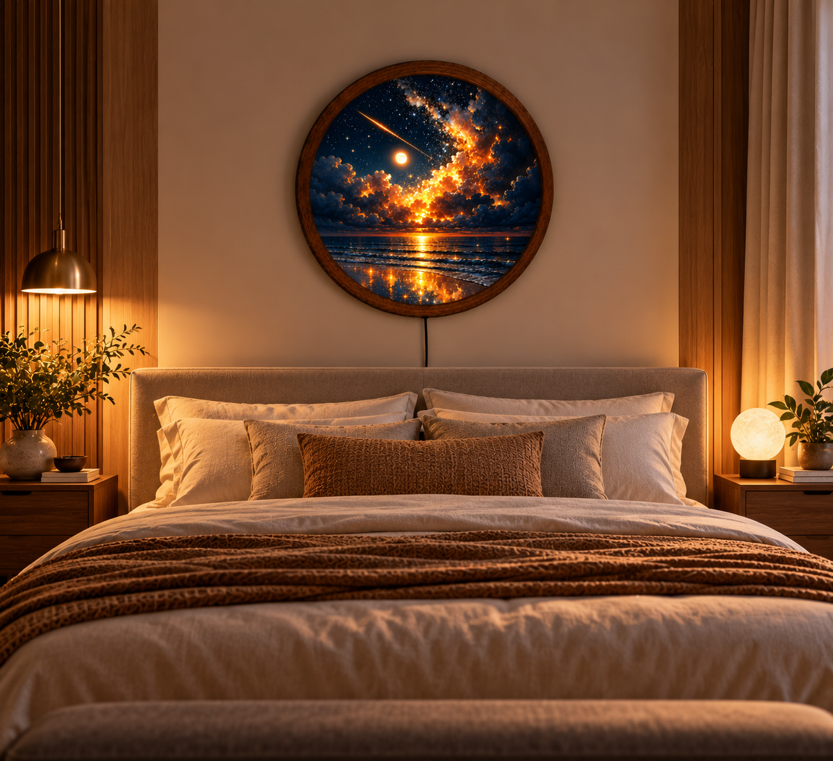Celestial Ocean LED Wall Art, Starry Night Seascape Round Wall Light, Glowing Moon Coastal Decor, Galaxy Sky Bedroom Gift