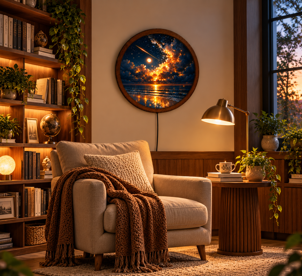 Celestial Ocean LED Wall Art, Starry Night Seascape Round Wall Light, Glowing Moon Coastal Decor, Galaxy Sky Bedroom Gift