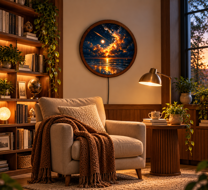 Celestial Ocean LED Wall Art, Starry Night Seascape Round Wall Light, Glowing Moon Coastal Decor, Galaxy Sky Bedroom Gift