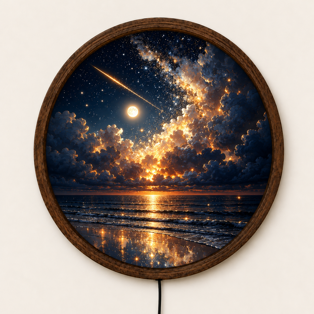 Celestial Ocean LED Wall Art, Starry Night Seascape Round Wall Light, Glowing Moon Coastal Decor, Galaxy Sky Bedroom Gift