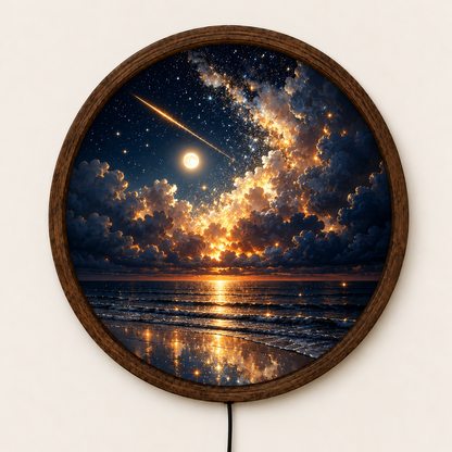 Celestial Ocean LED Wall Art, Starry Night Seascape Round Wall Light, Glowing Moon Coastal Decor, Galaxy Sky Bedroom Gift