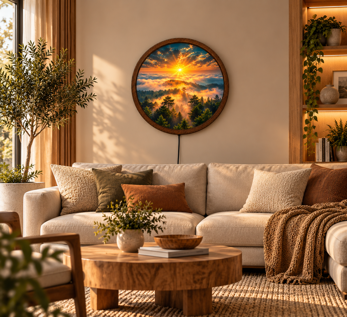 Golden Sunrise Forest LED Wall Art, Misty Mountain Landscape Round Wall Light, Nature Sunset Scenery Decor, Bedroom Wall Hanging Gift