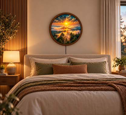 Golden Sunrise Forest LED Wall Art, Misty Mountain Landscape Round Wall Light, Nature Sunset Scenery Decor, Bedroom Wall Hanging Gift