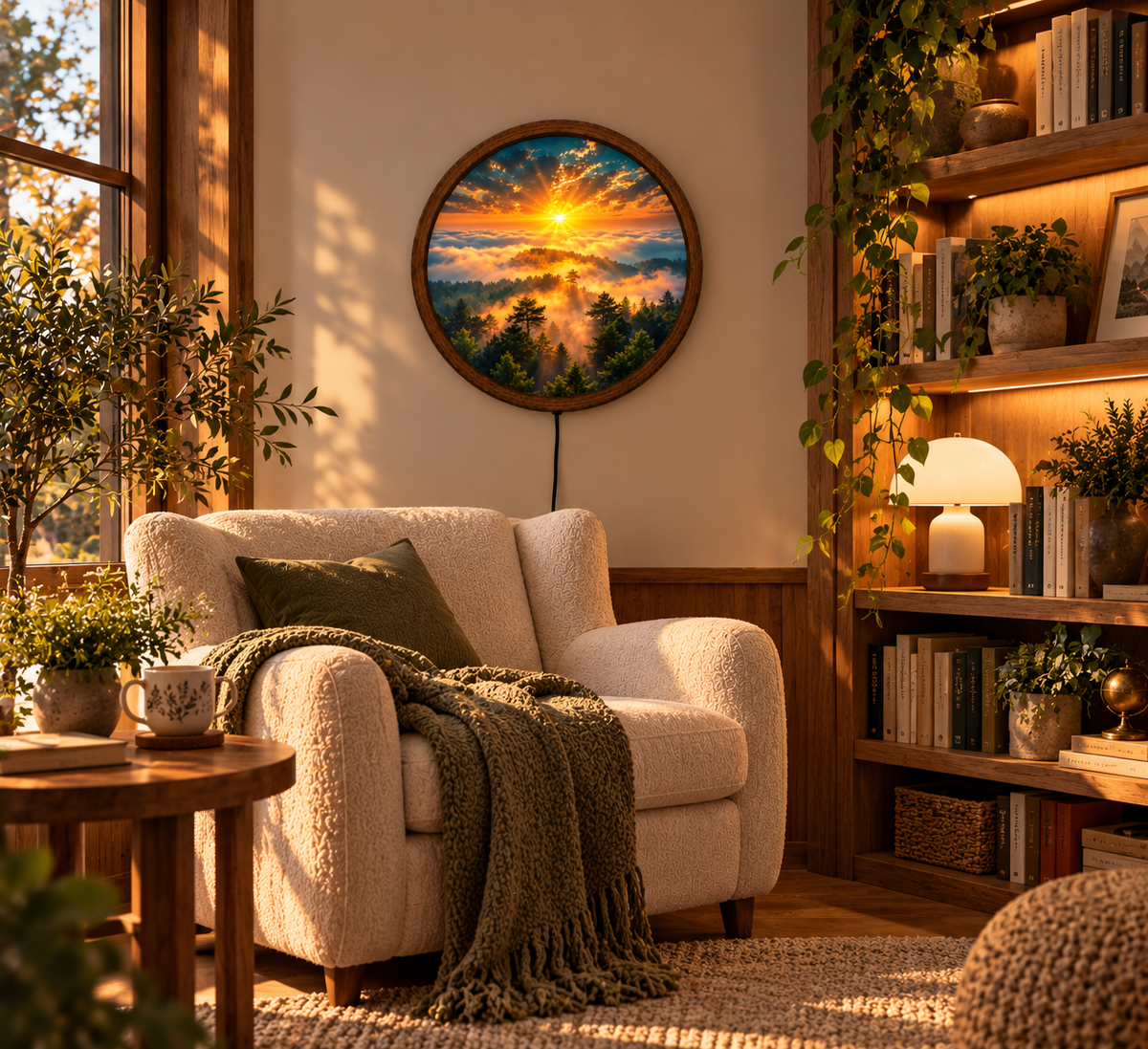 Golden Sunrise Forest LED Wall Art, Misty Mountain Landscape Round Wall Light, Nature Sunset Scenery Decor, Bedroom Wall Hanging Gift