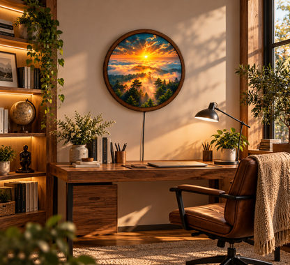 Golden Sunrise Forest LED Wall Art, Misty Mountain Landscape Round Wall Light, Nature Sunset Scenery Decor, Bedroom Wall Hanging Gift