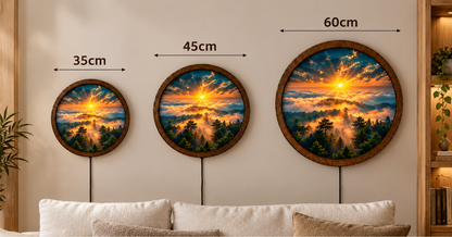 Golden Sunrise Forest LED Wall Art, Misty Mountain Landscape Round Wall Light, Nature Sunset Scenery Decor, Bedroom Wall Hanging Gift