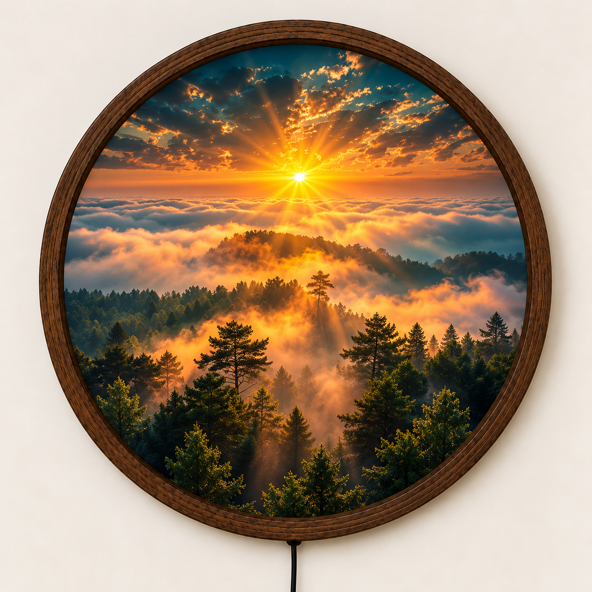 Golden Sunrise Forest LED Wall Art, Misty Mountain Landscape Round Wall Light, Nature Sunset Scenery Decor, Bedroom Wall Hanging Gift