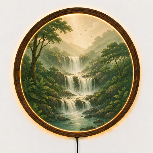 Waterfall LED Wall Art, Nature Landscape Lighted Wall Decor, Round Wooden Frame Lamp, Mountain Waterfall Night Light