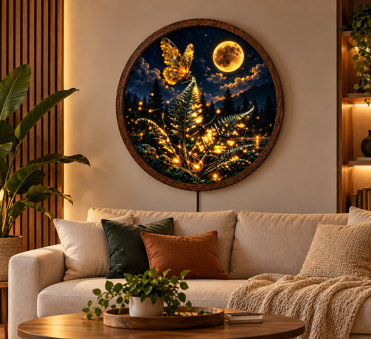 Golden Butterfly Moonlight LED Wall Art, Enchanted Forest Fern Decor, Round Illuminated Wall Hanging, Fantasy Nature Home Gift