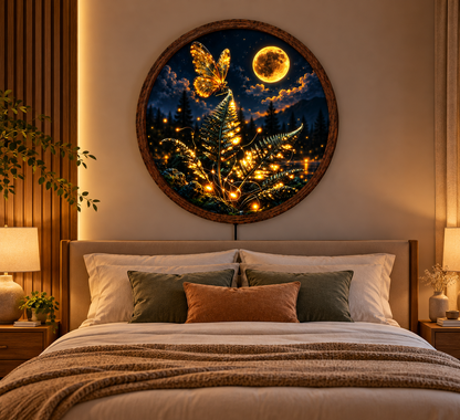 Golden Butterfly Moonlight LED Wall Art, Enchanted Forest Fern Decor, Round Illuminated Wall Hanging, Fantasy Nature Home Gift