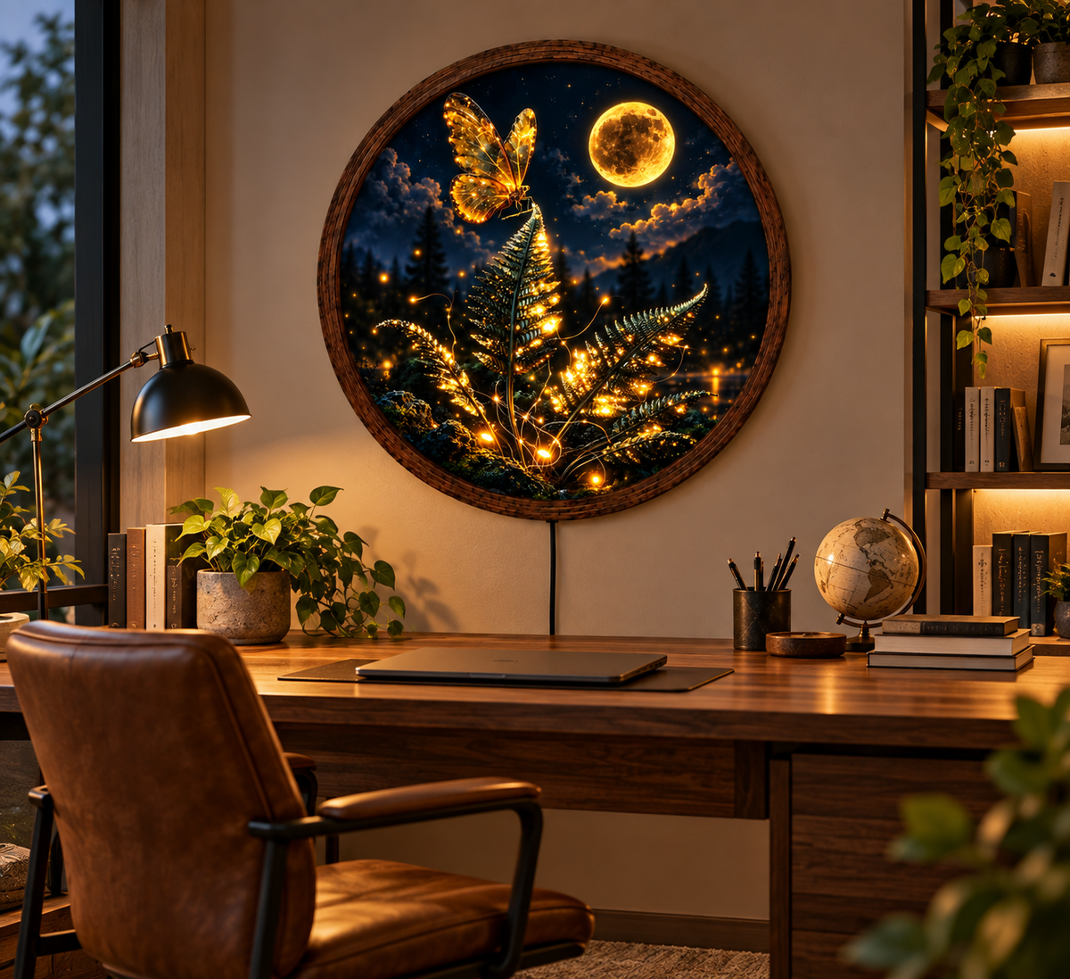 Golden Butterfly Moonlight LED Wall Art, Enchanted Forest Fern Decor, Round Illuminated Wall Hanging, Fantasy Nature Home Gift
