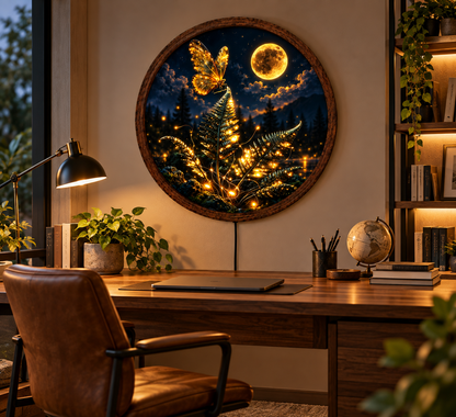 Golden Butterfly Moonlight LED Wall Art, Enchanted Forest Fern Decor, Round Illuminated Wall Hanging, Fantasy Nature Home Gift