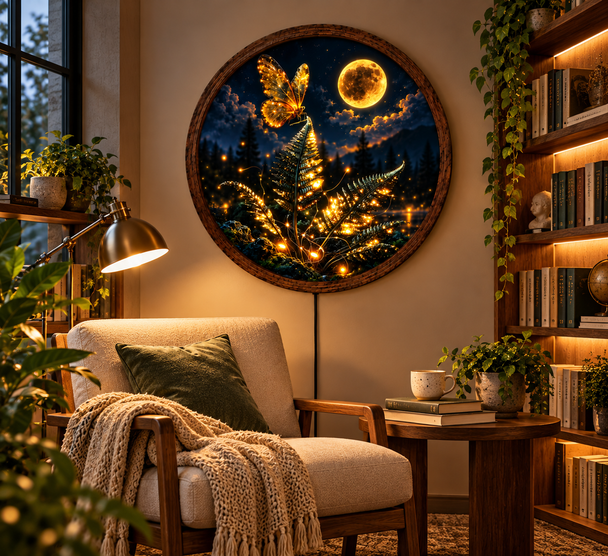 Golden Butterfly Moonlight LED Wall Art, Enchanted Forest Fern Decor, Round Illuminated Wall Hanging, Fantasy Nature Home Gift