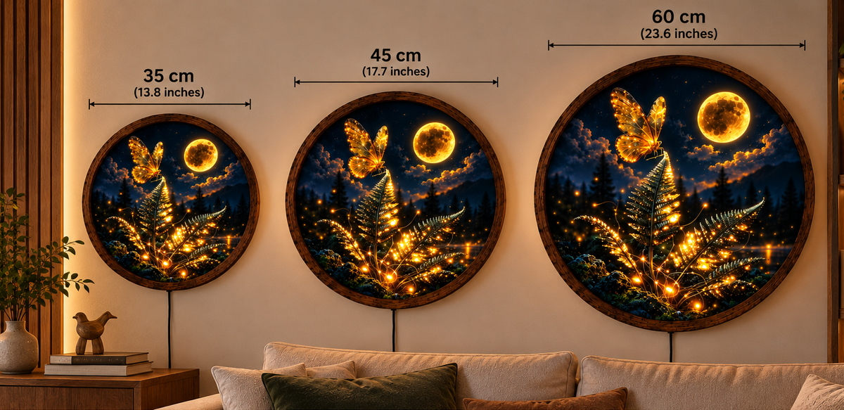 Golden Butterfly Moonlight LED Wall Art, Enchanted Forest Fern Decor, Round Illuminated Wall Hanging, Fantasy Nature Home Gift