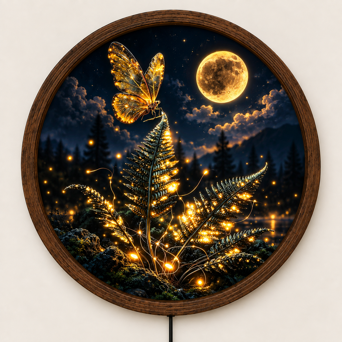 Golden Butterfly Moonlight LED Wall Art, Enchanted Forest Fern Decor, Round Illuminated Wall Hanging, Fantasy Nature Home Gift
