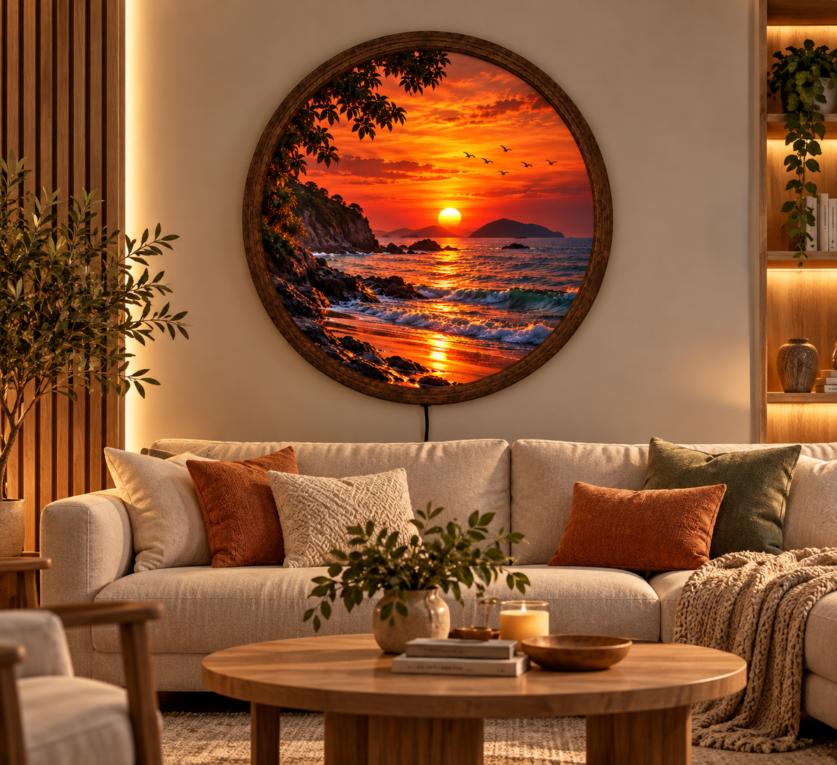 Ocean Sunset LED Wall Art, Coastal Beach Landscape Decor, Round Illuminated Wall Hanging, Tropical Seascape Home Decoration