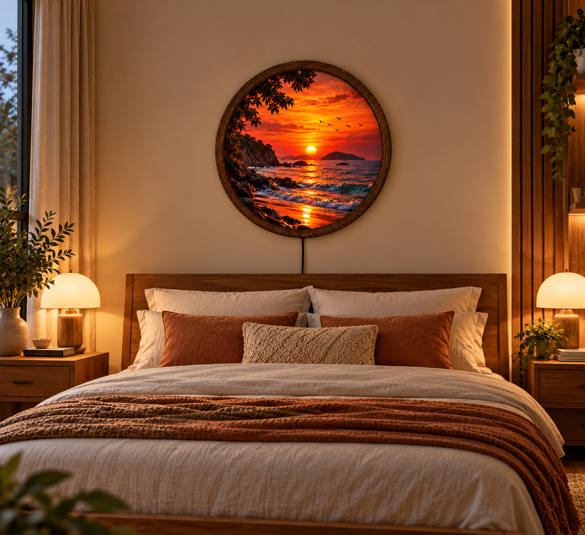 Ocean Sunset LED Wall Art, Coastal Beach Landscape Decor, Round Illuminated Wall Hanging, Tropical Seascape Home Decoration