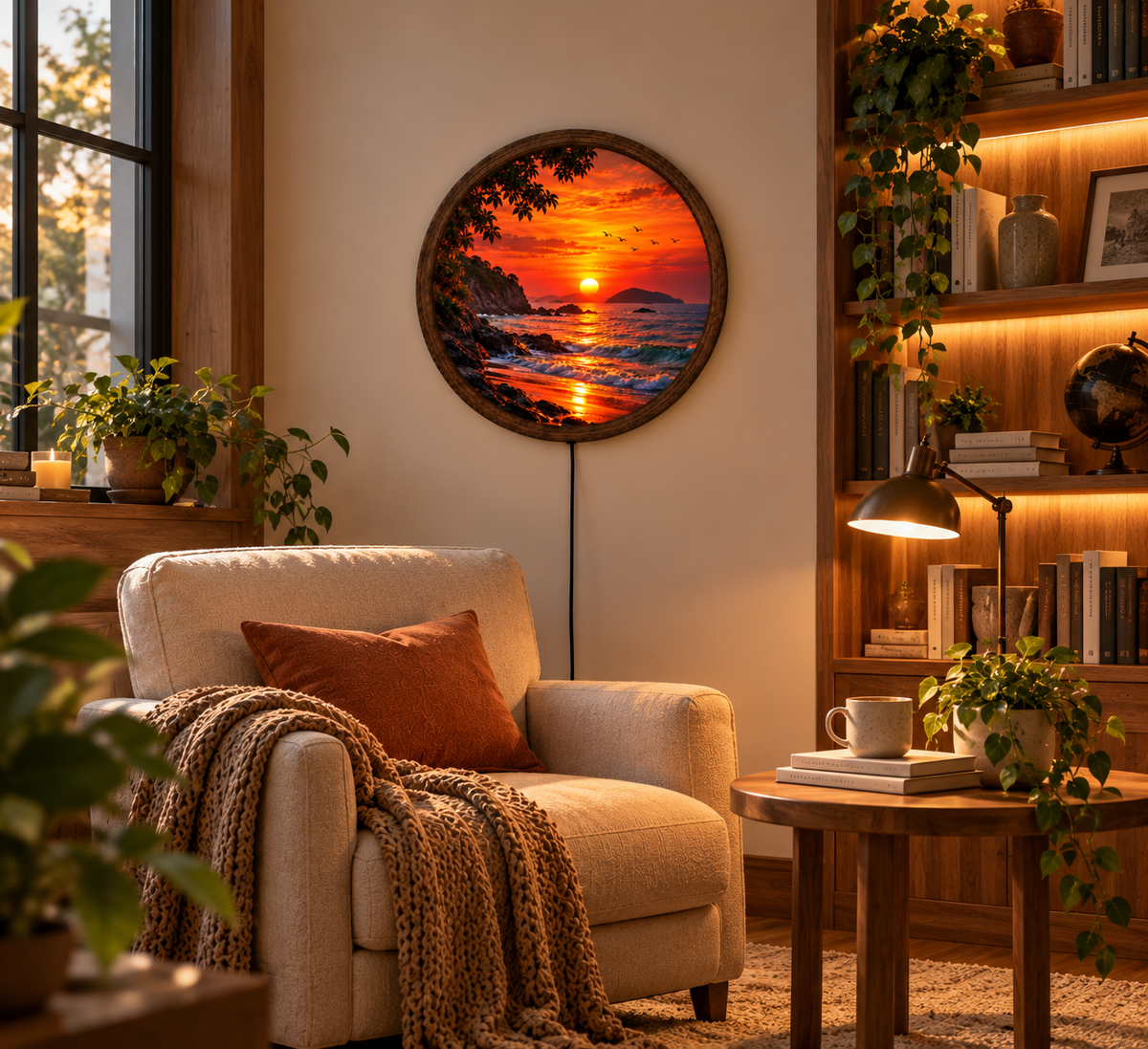 Ocean Sunset LED Wall Art, Coastal Beach Landscape Decor, Round Illuminated Wall Hanging, Tropical Seascape Home Decoration