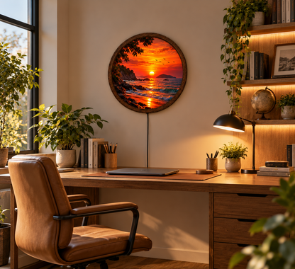 Ocean Sunset LED Wall Art, Coastal Beach Landscape Decor, Round Illuminated Wall Hanging, Tropical Seascape Home Decoration
