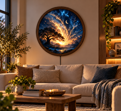 Celestial Tree of Life LED Wall Art, Starry Night Galaxy Moon Decor, Round Illuminated Wall Hanging, Fantasy Landscape Home Decoration
