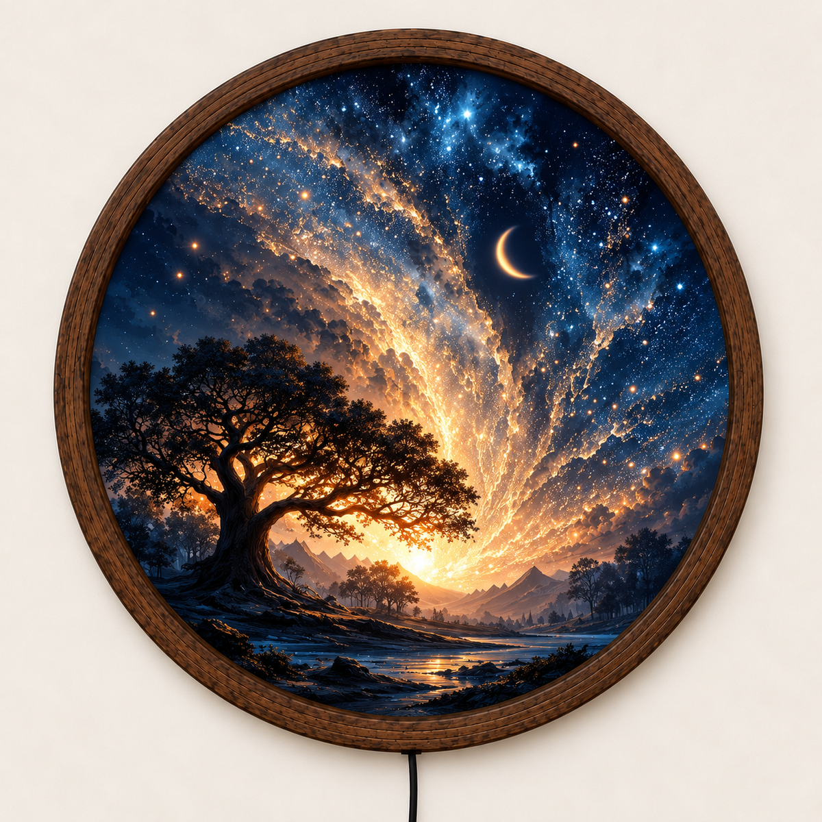 Celestial Tree of Life LED Wall Art, Starry Night Galaxy Moon Decor, Round Illuminated Wall Hanging, Fantasy Landscape Home Decoration