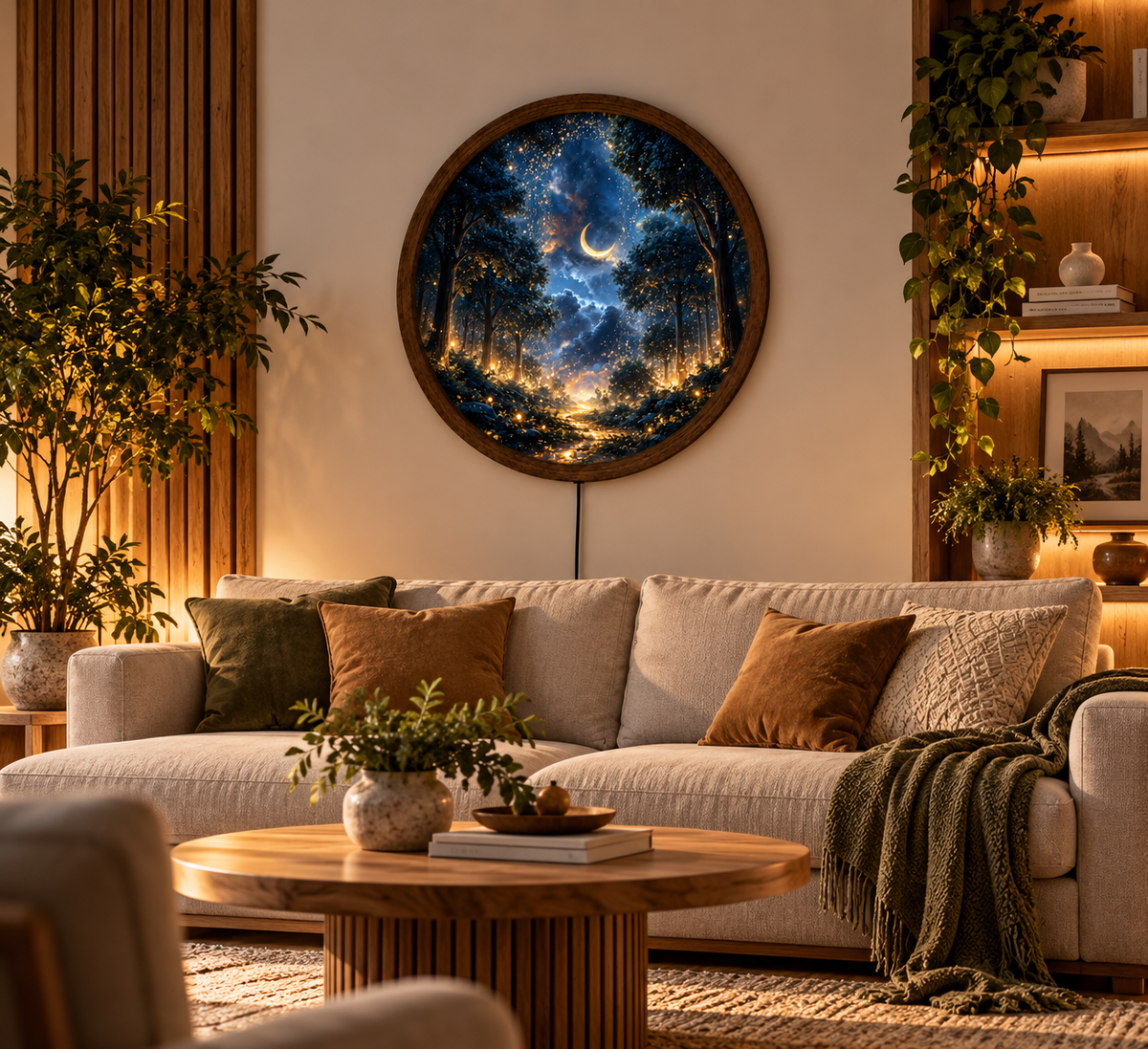 Enchanted Forest Moonlight LED Wall Art, Magical Firefly Woodland Decor, Crescent Moon Night Landscape, Round Illuminated Wall Hanging