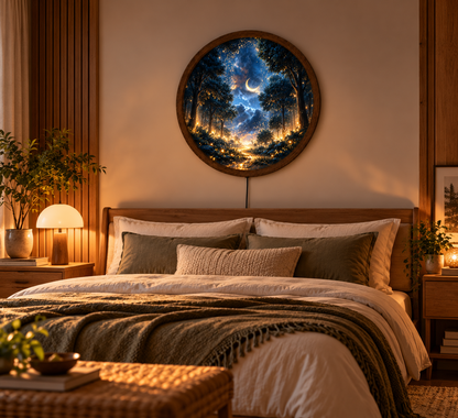 Enchanted Forest Moonlight LED Wall Art, Magical Firefly Woodland Decor, Crescent Moon Night Landscape, Round Illuminated Wall Hanging