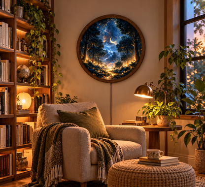 Enchanted Forest Moonlight LED Wall Art, Magical Firefly Woodland Decor, Crescent Moon Night Landscape, Round Illuminated Wall Hanging