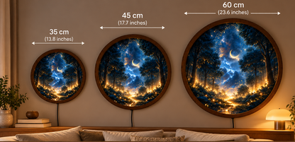 Enchanted Forest Moonlight LED Wall Art, Magical Firefly Woodland Decor, Crescent Moon Night Landscape, Round Illuminated Wall Hanging