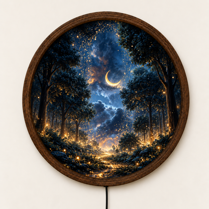 Enchanted Forest Moonlight LED Wall Art, Magical Firefly Woodland Decor, Crescent Moon Night Landscape, Round Illuminated Wall Hanging