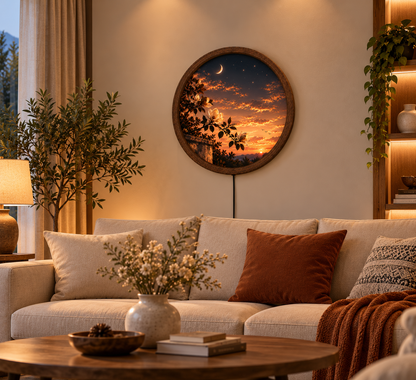 Magnolia Flower Sunset LED Wall Art, Crescent Moon Floral Decor, Round Illuminated Wall Hanging, Romantic Nature Landscape, Bedroom Wall Light