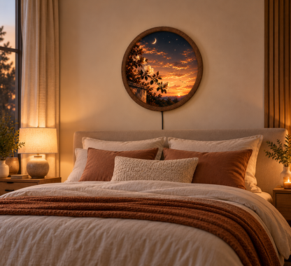 Magnolia Flower Sunset LED Wall Art, Crescent Moon Floral Decor, Round Illuminated Wall Hanging, Romantic Nature Landscape, Bedroom Wall Light
