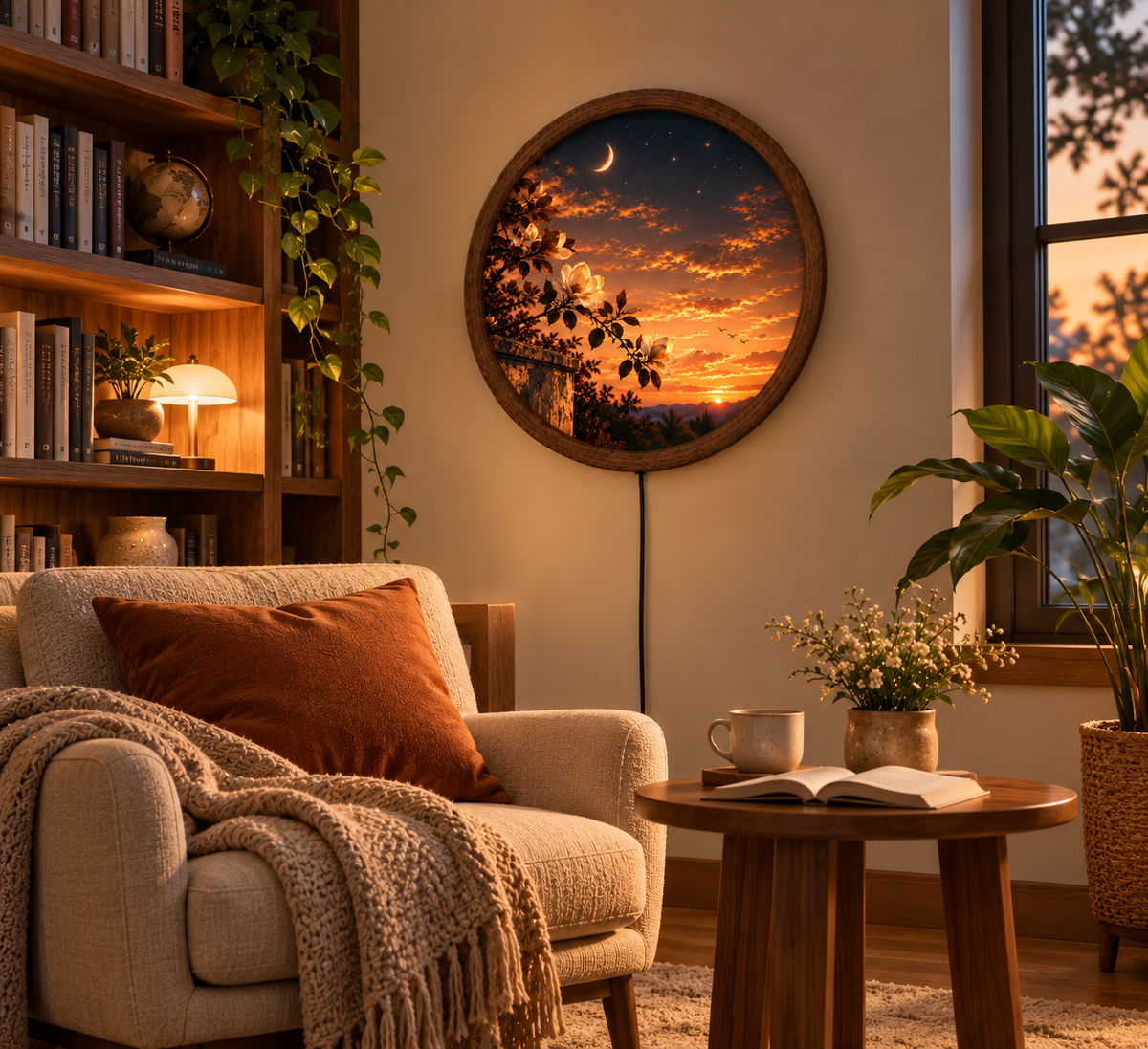 Magnolia Flower Sunset LED Wall Art, Crescent Moon Floral Decor, Round Illuminated Wall Hanging, Romantic Nature Landscape, Bedroom Wall Light