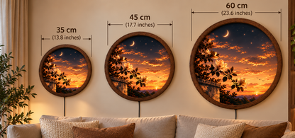 Magnolia Flower Sunset LED Wall Art, Crescent Moon Floral Decor, Round Illuminated Wall Hanging, Romantic Nature Landscape, Bedroom Wall Light