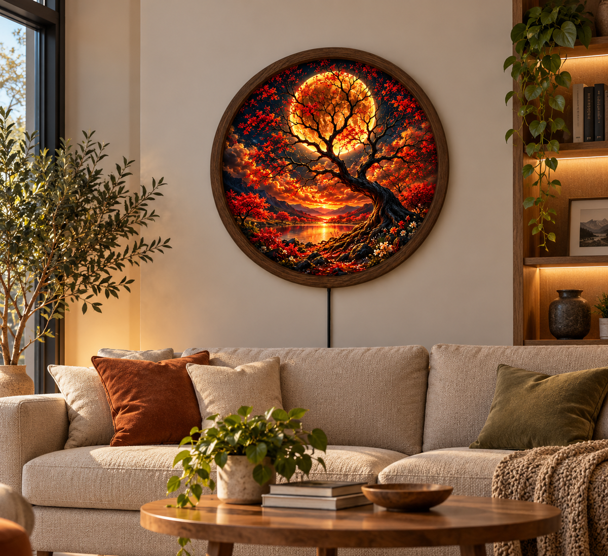 Red Moon Tree LED Wall Art, Glowing Autumn Landscape Round Wall Decor