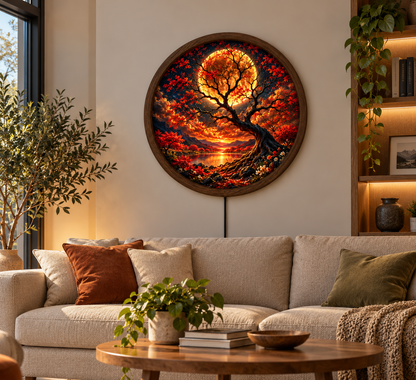 Red Moon Tree LED Wall Art, Glowing Autumn Landscape Round Wall Decor
