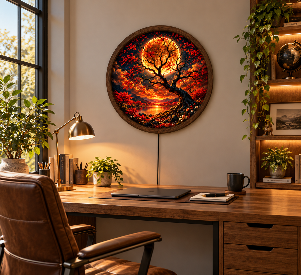 Red Moon Tree LED Wall Art, Glowing Autumn Landscape Round Wall Decor