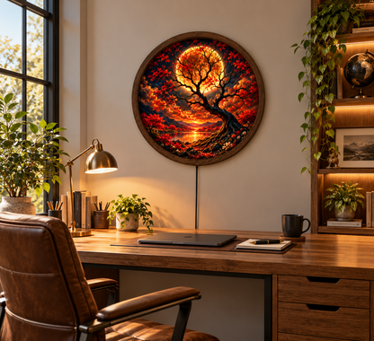 Red Moon Tree LED Wall Art, Glowing Autumn Landscape Round Wall Decor