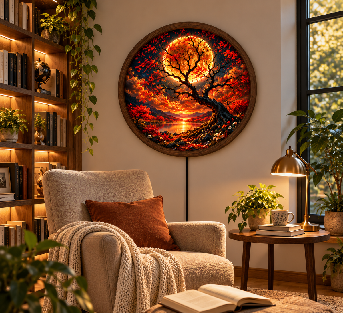 Red Moon Tree LED Wall Art, Glowing Autumn Landscape Round Wall Decor